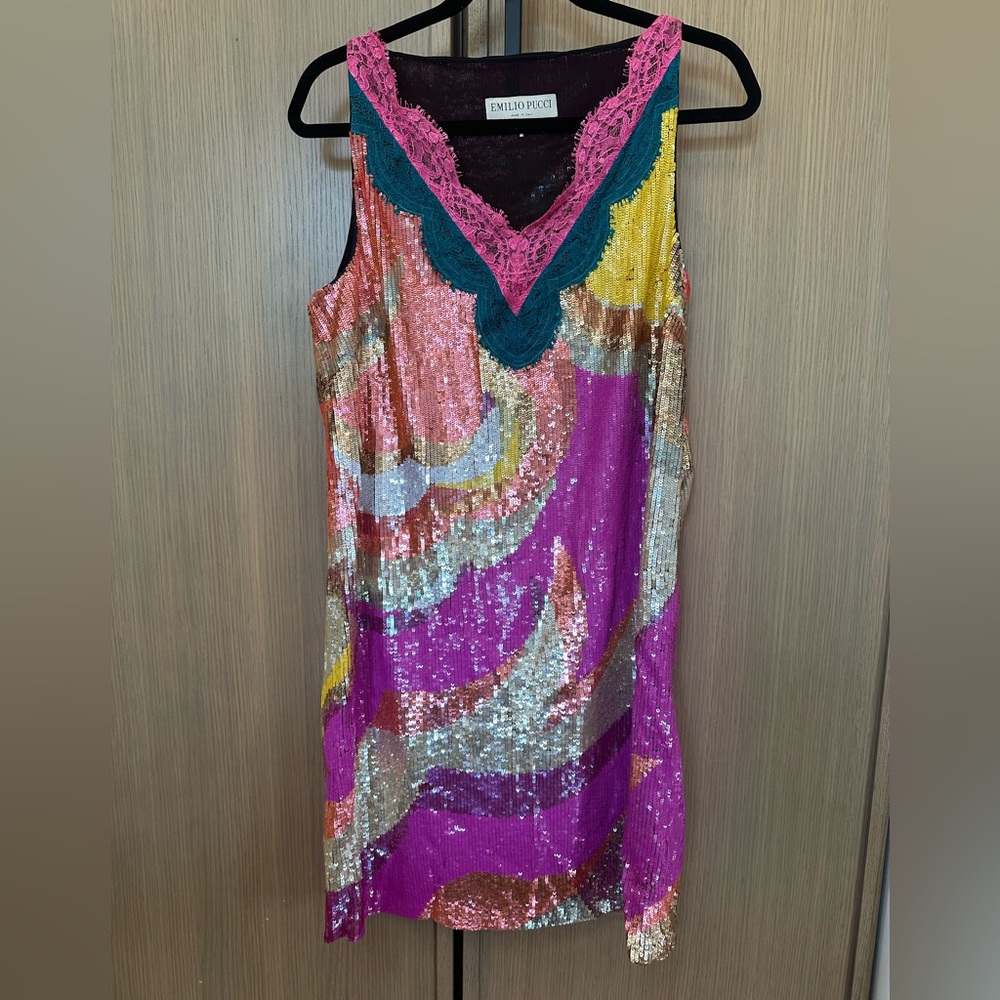 Emilio Pucci Sequins Shift Dress with Lace Trim